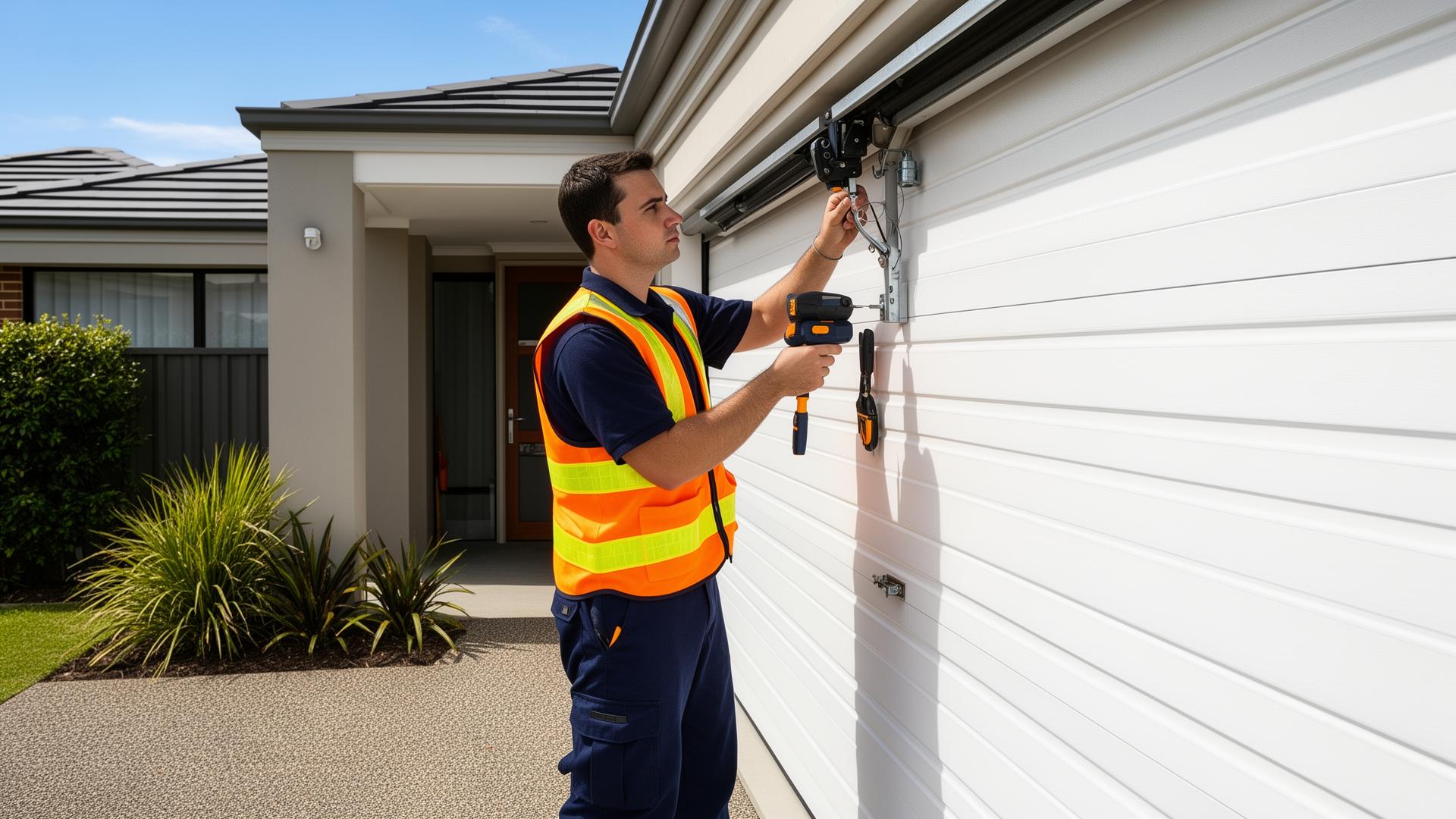Garage door repair technician servicing a residential property in Perth, Western Australia