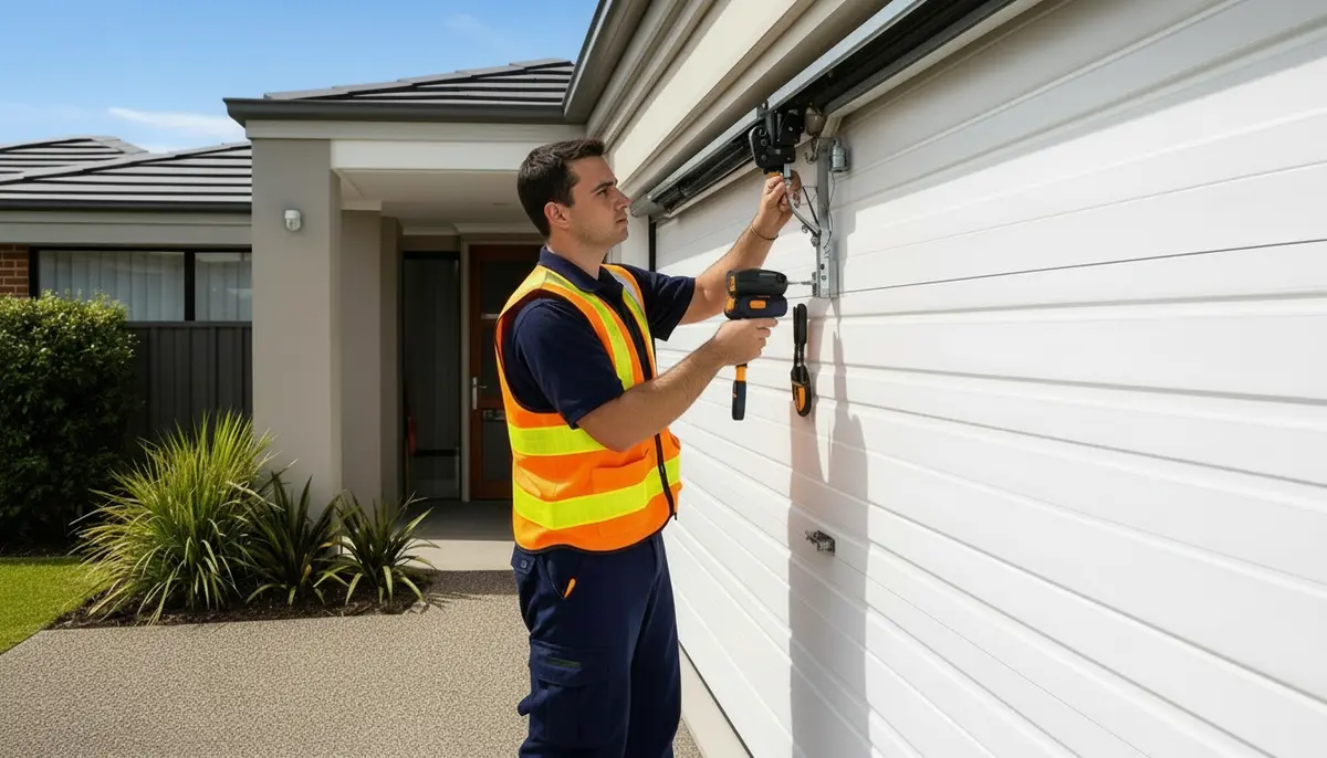 Professional garage door technician repairing a sectional garage door at a Sydney home